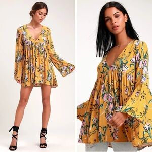 Free People Bella Floral Print Empire Tunic Top Golden Yellow Boho Size Large
